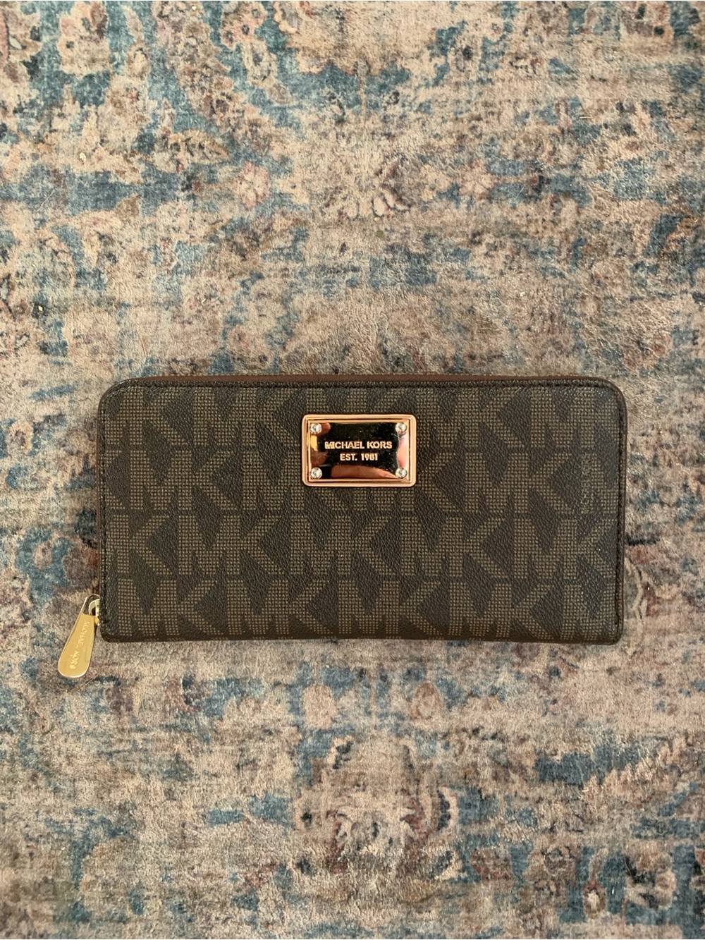 Michael Kors Dark Brown Monogram Zip Wallet with Gold Plaque